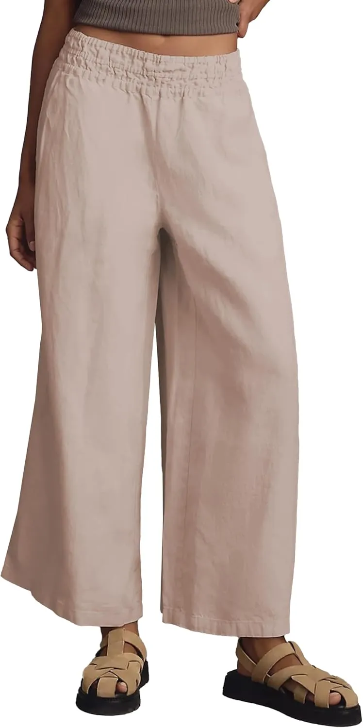 Women's Linen Pants Summer Casual Wide Leg Palazzo Pants High Waist Beach Travel Trousers