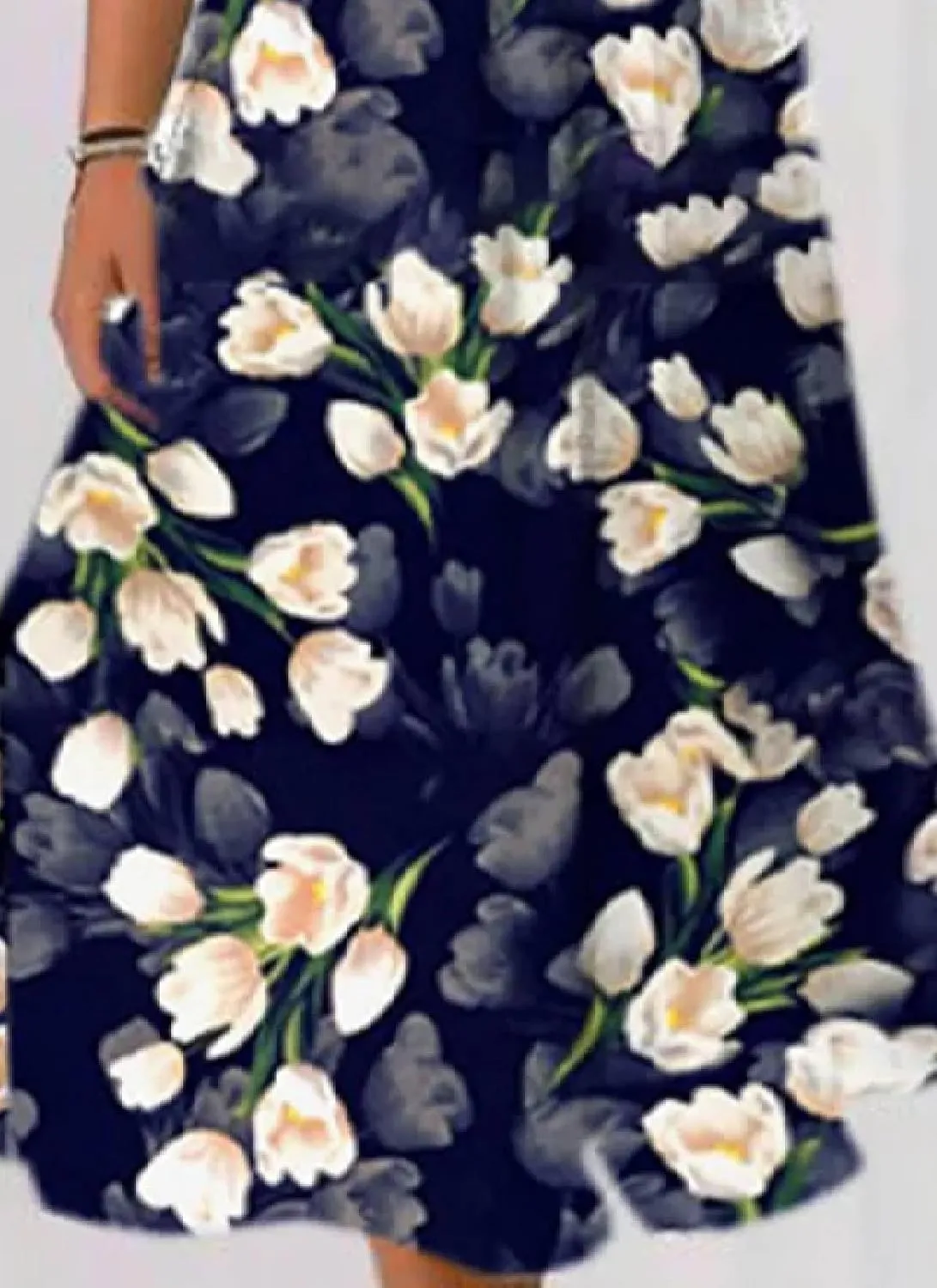 Women's Navy Blue Floral Print Short Sheer Sleeve Crewneck Midi Dress Elegant Casual 2025 Summer Fashion Clothes