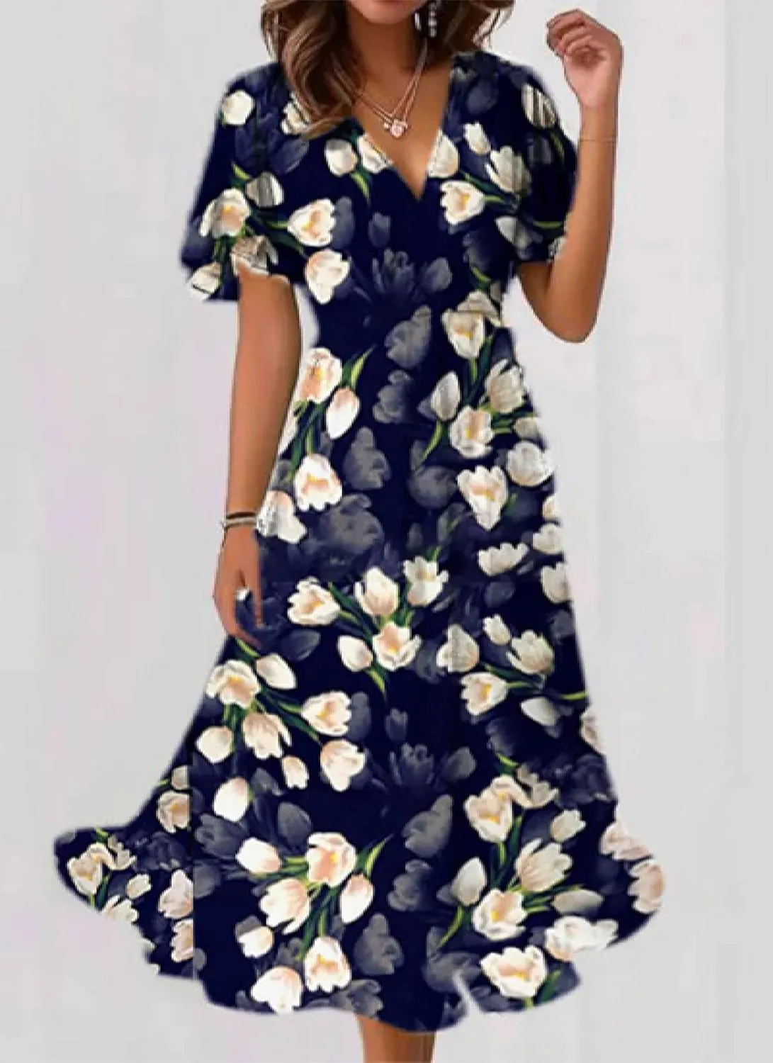 Women's Navy Blue Floral Print Short Sheer Sleeve Crewneck Midi Dress Elegant Casual 2025 Summer Fashion Clothes