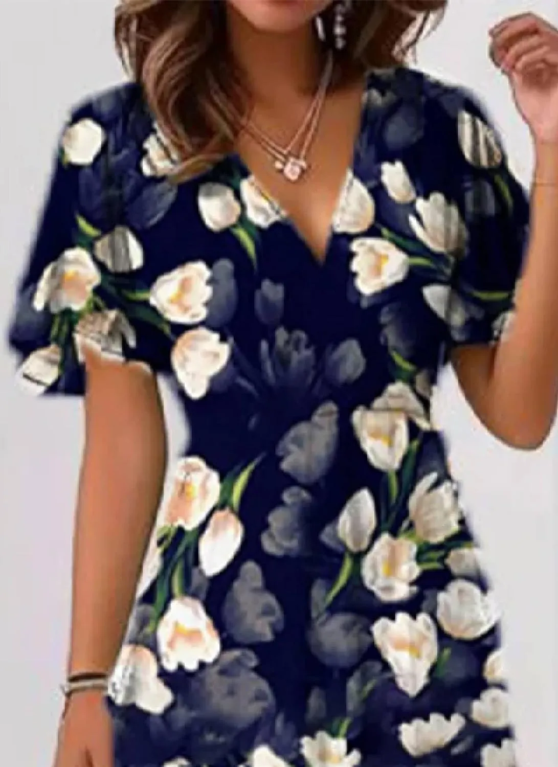 Women's Navy Blue Floral Print Short Sheer Sleeve Crewneck Midi Dress Elegant Casual 2025 Summer Fashion Clothes