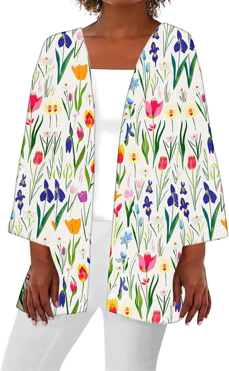 Women's Open Front Cardigan 3/4 Sleeve Casual Duster Cardigans Floral Print Jackets Lightweight Shrugs Blouse Tops