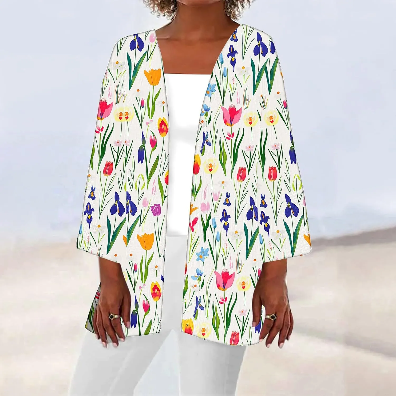 Women's Open Front Cardigan 3/4 Sleeve Casual Duster Cardigans Floral Print Jackets Lightweight Shrugs Blouse Tops