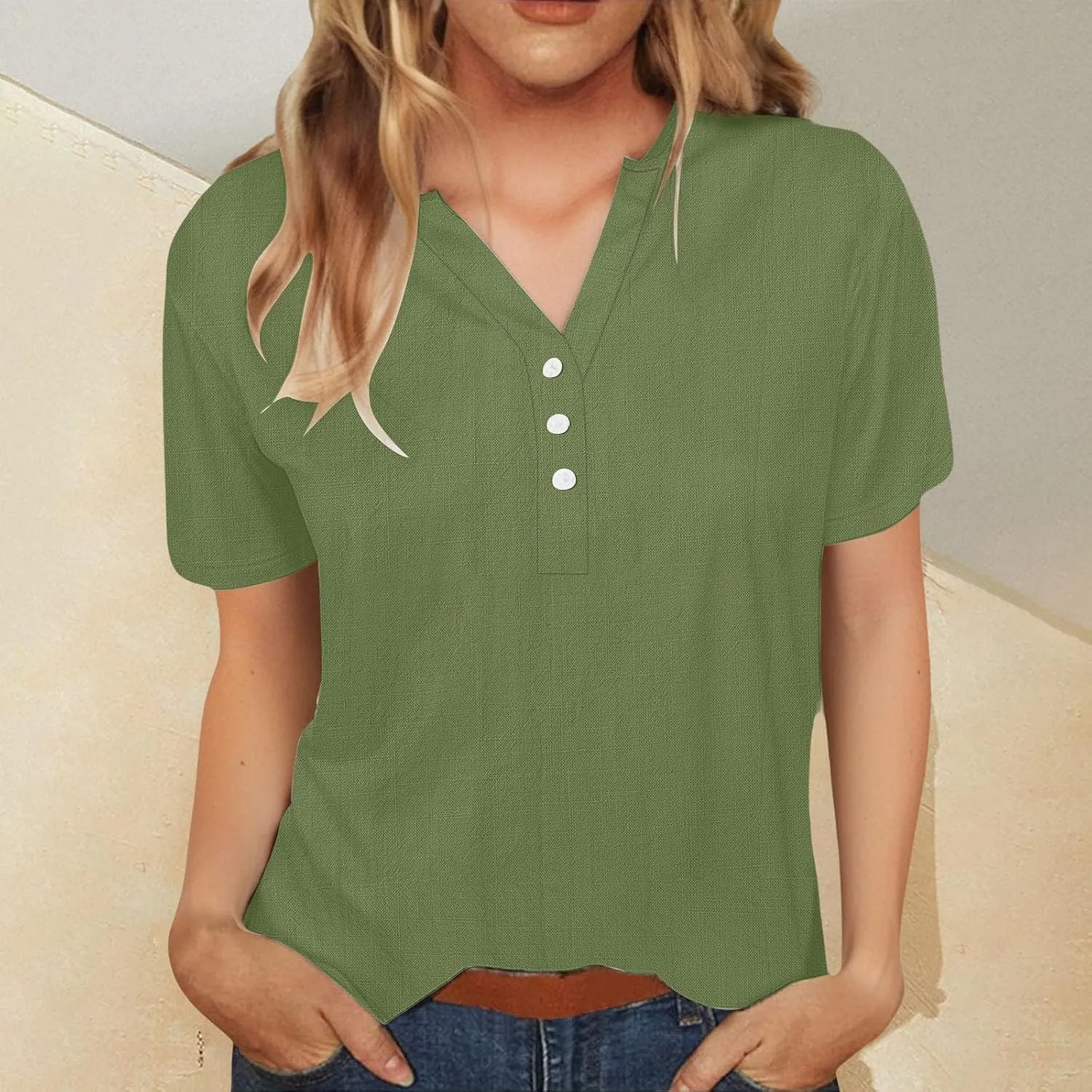 Women's Short Sleeve Shirts Trendy Linen V-Neck Button Down Solid Tops Casual Loose Fit Summer Breathable Blouse 2025