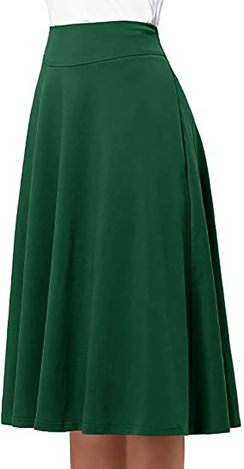 Womens Skirt for Going Out Summer High Elastic Waist Solid Color A-Line Knee Length Maxi Skirts for Women Trendy Clothes
