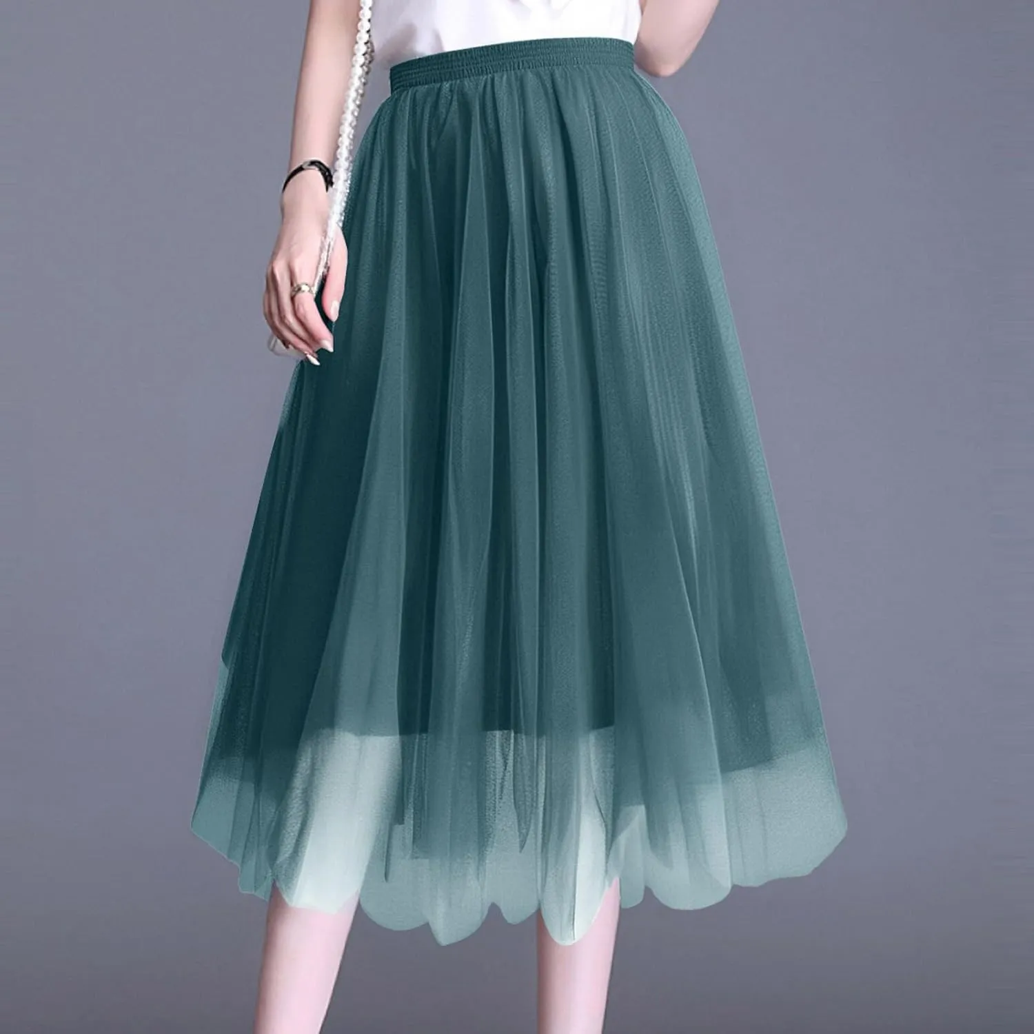 Women's Summer Casual Loose Trendy Elastic High Waist Solid Long Maxi Party Dance Fluffy Mesh Tulle Skirts