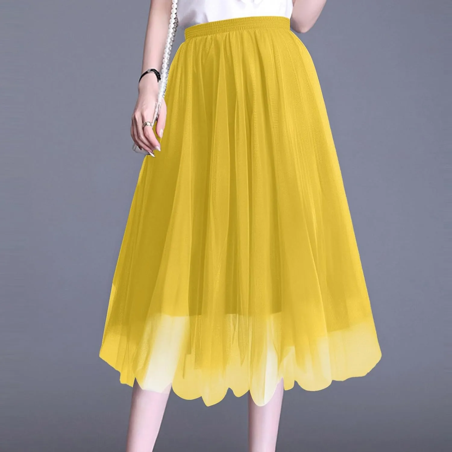 Women's Summer Casual Loose Trendy Elastic High Waist Solid Long Maxi Party Dance Fluffy Mesh Tulle Skirts
