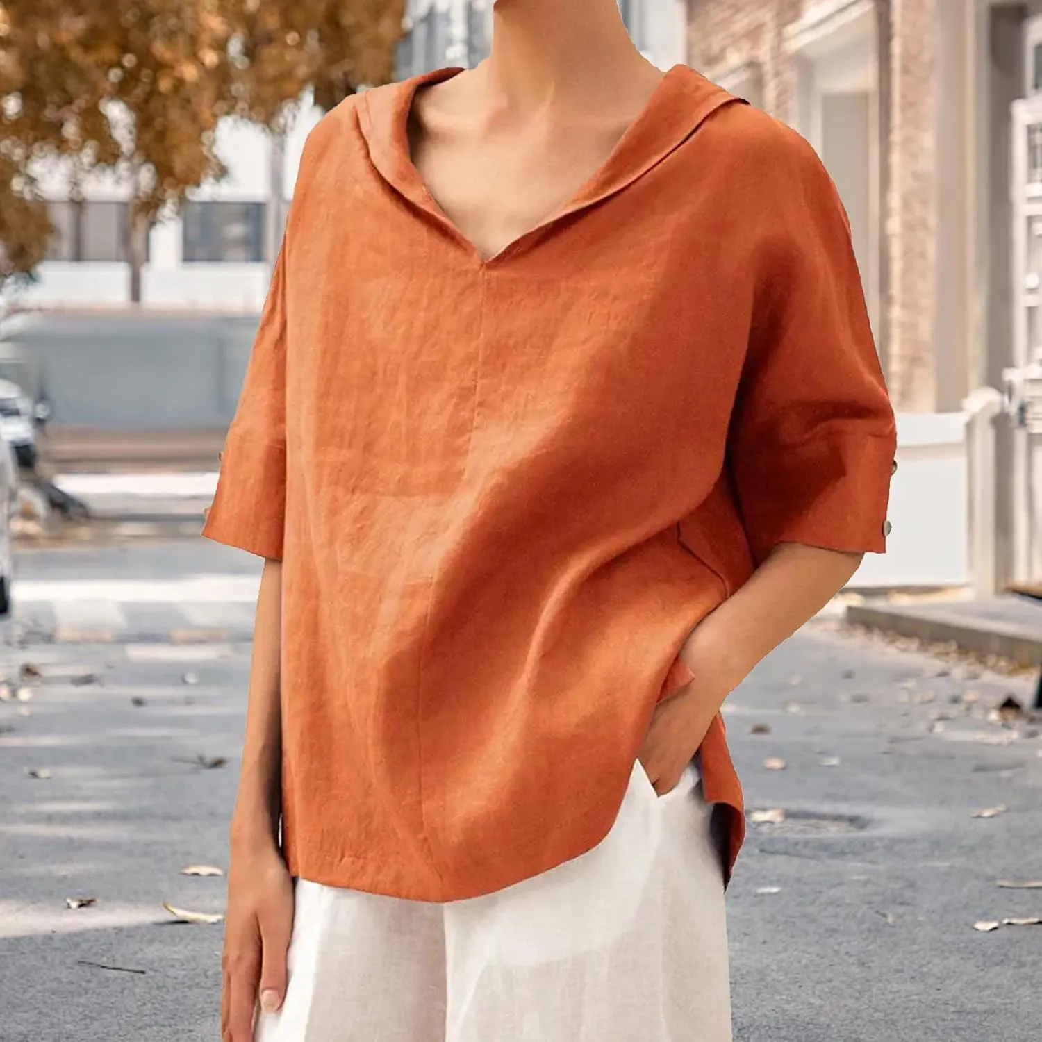 Women's Summer Linen Shirt Breathable Tops with Hoodie V Neck Half Sleeve Tshirt Casual Beach Tunic Vacation Blouse