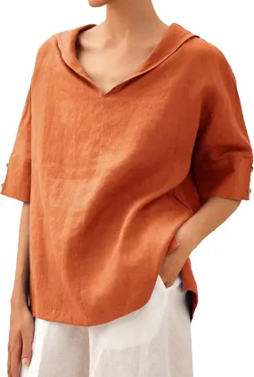 Women's Summer Linen Shirt Breathable Tops with Hoodie V Neck Half Sleeve Tshirt Casual Beach Tunic Vacation Blouse