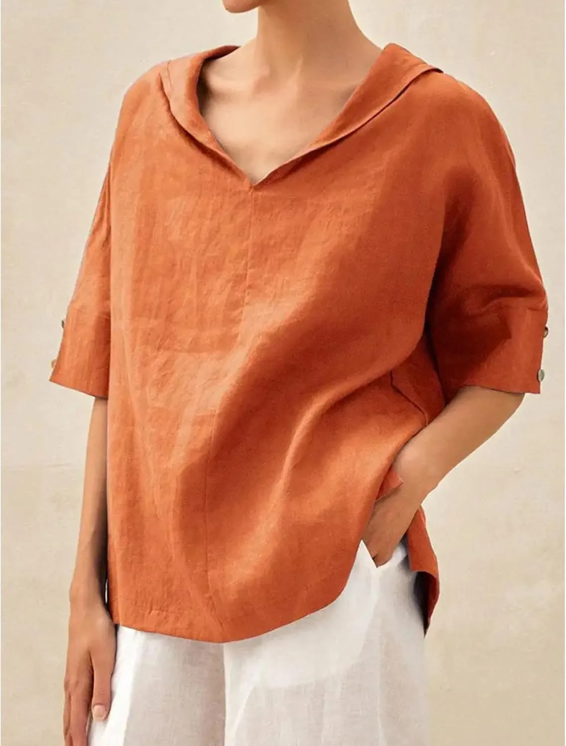 Women's Summer Linen Shirt Breathable Tops with Hoodie V Neck Half Sleeve Tshirt Casual Beach Tunic Vacation Blouse