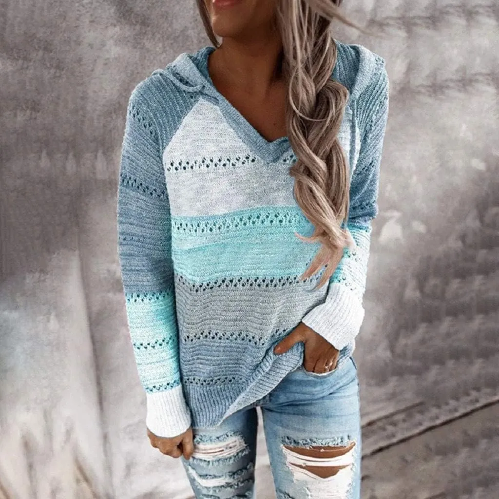 Womens Sweaters Sleeves Hooded Patchwork Casual Blouse Tops Fashion Women Long Women's Blouse Dressy Sweater Men