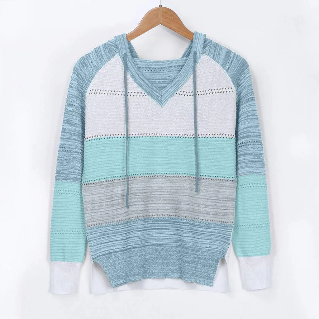 Womens Sweaters Sleeves Hooded Patchwork Casual Blouse Tops Fashion Women Long Women's Blouse Dressy Sweater Men