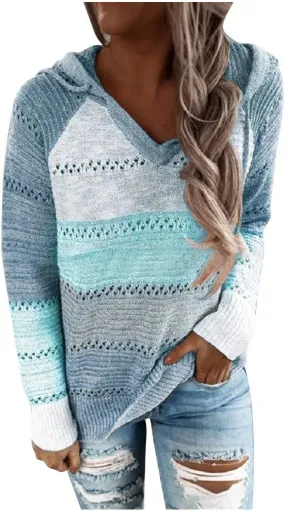 Womens Sweaters Sleeves Hooded Patchwork Casual Blouse Tops Fashion Women Long Women's Blouse Dressy Sweater Men