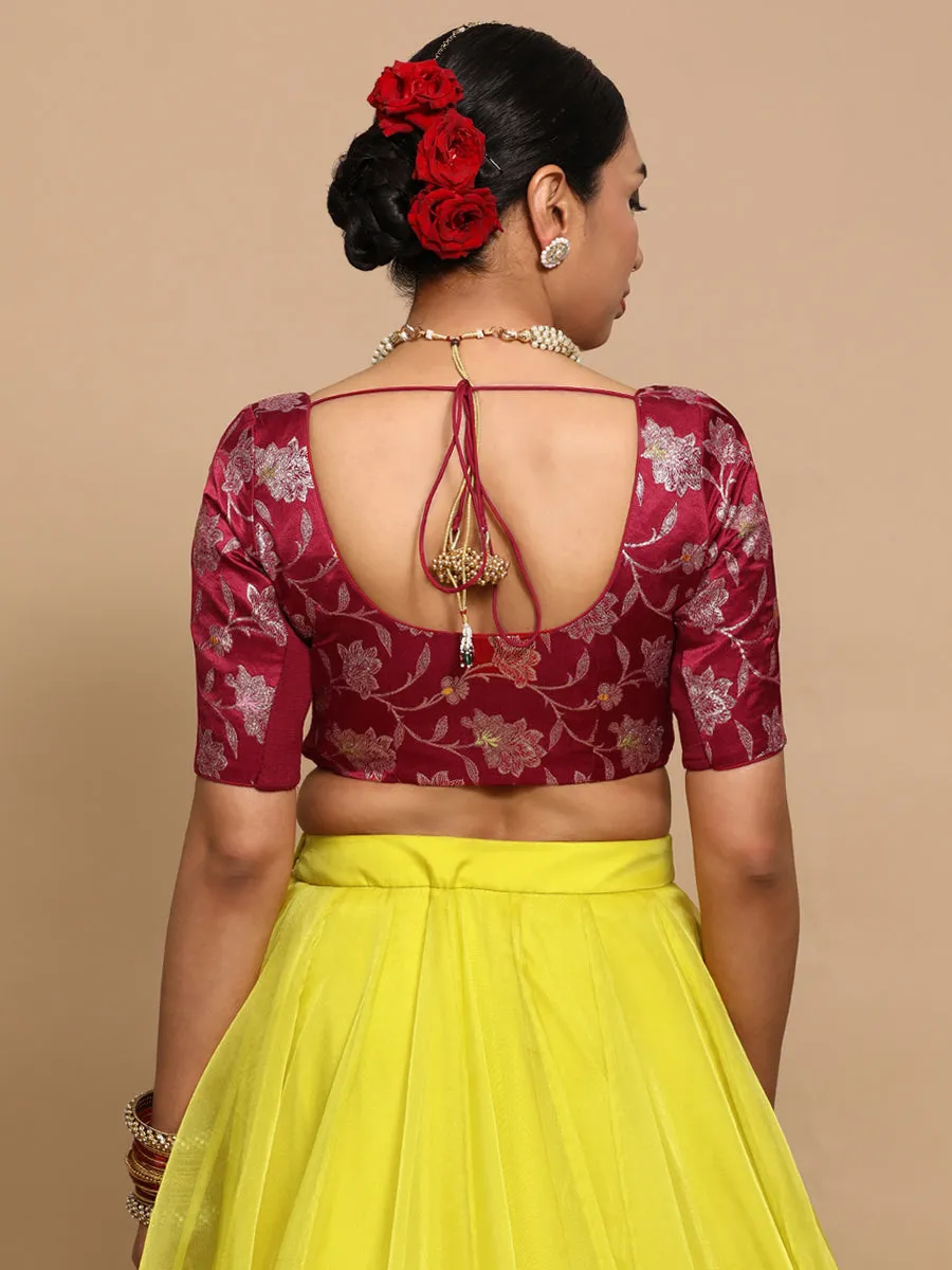 Zaina x Tyohaar | Elbow Sleeves Satin Viscose Saree Blouse in Red Meenakari Fabric