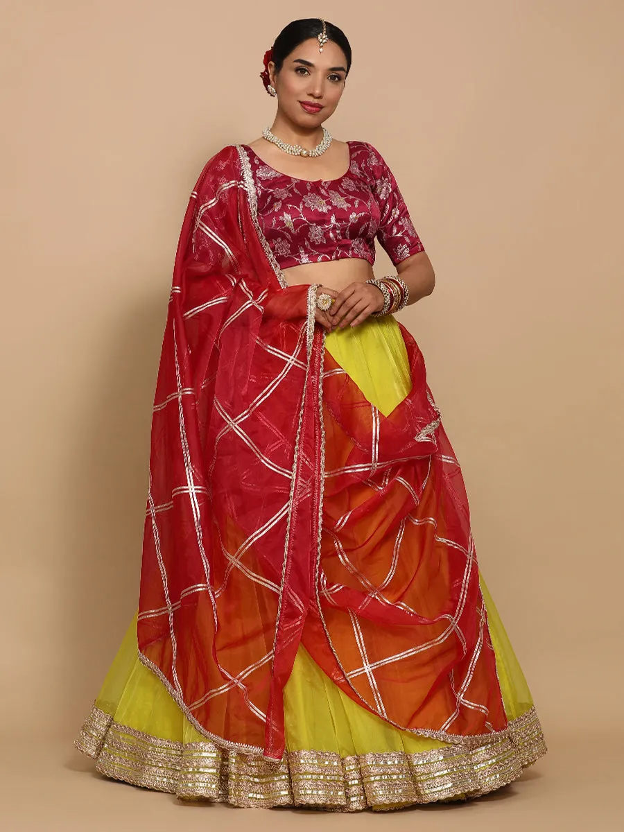 Zaina x Tyohaar | Elbow Sleeves Satin Viscose Saree Blouse in Red Meenakari Fabric